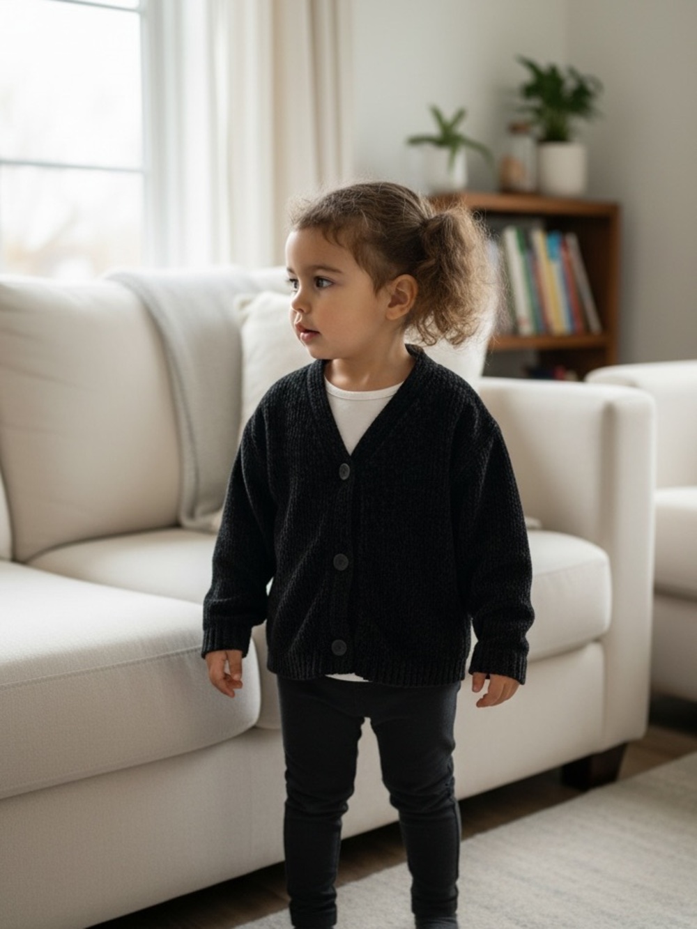 Black Chenille Button-Front kids Sweater